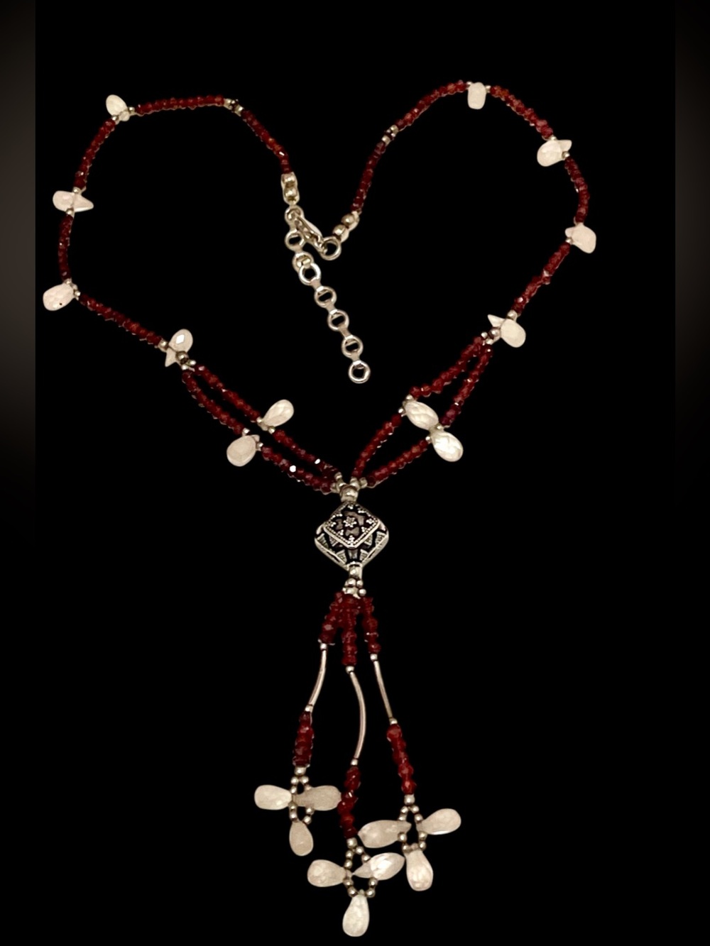 Artisan Sterling Silver 925 Tourmaline & Rose Quartz Tassel Lariat Necklace